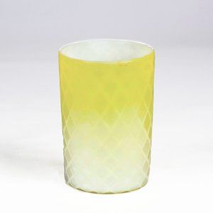 Antique MT Washington Glass Mother Of Pearl Air Trap Quilted Tumbler Yellow